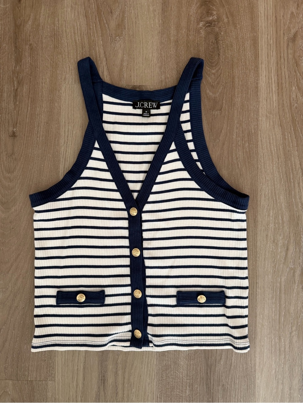 J. Crew Navy and White Striped Ribbed Button Tank